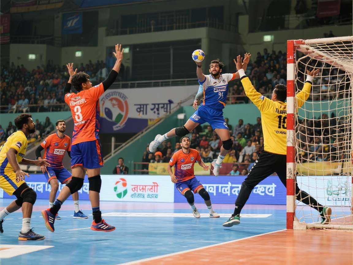 Handball Premier League India match in progress with players competing激烈